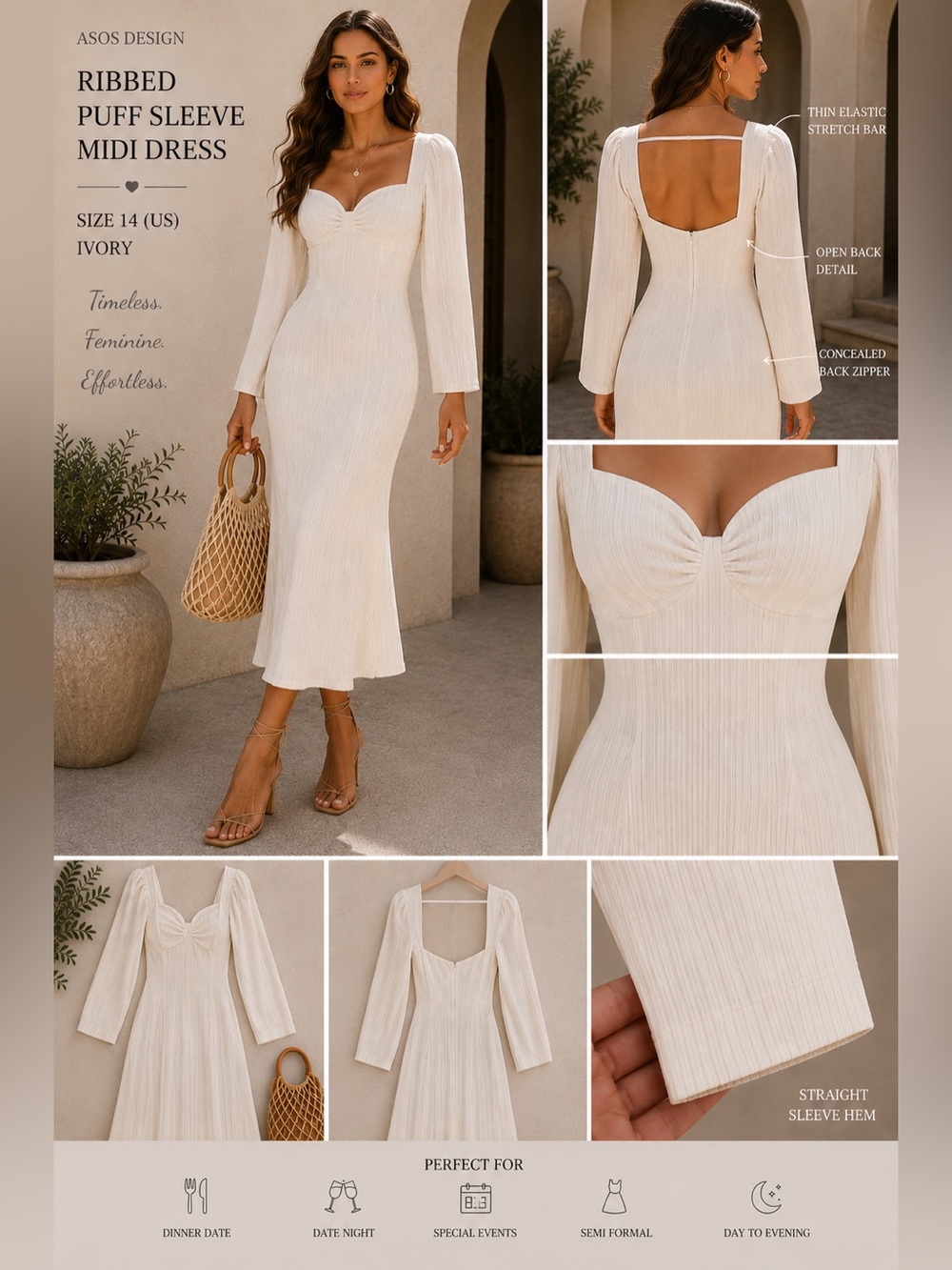 ASOS Ivory Ribbed Sweetheart Puff Sleeve Midi Dress